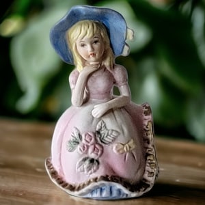Vintage Bloomer Girl Figurine Ceramic Little Girl Figurine Wearing Pink Dress and Blue Bonnett Vintage Figurine Collectible Figurine