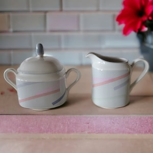 Vintage Mikasa Tempo Eighty Creamer and Sugar Jars Kitchen Decor Table Decor CE 914 Motion Japan Gray With Different Colored Stipes