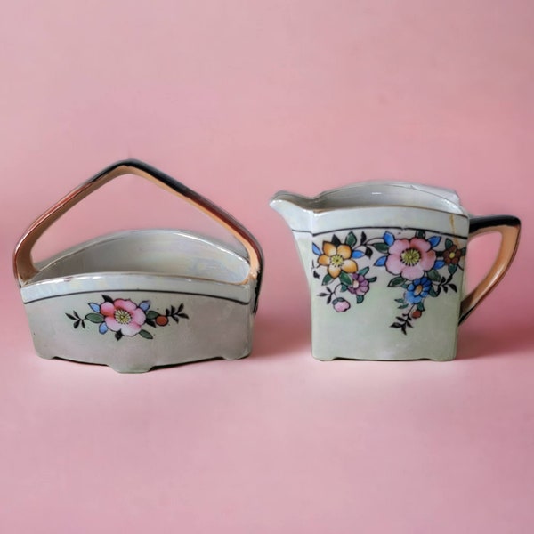 Vintage Lustreware Japanese Sugar Caddy Basket and Creamer Kitchen Decor Tea/Coffee Interior Decor Floral Design CREAMER Has Repair