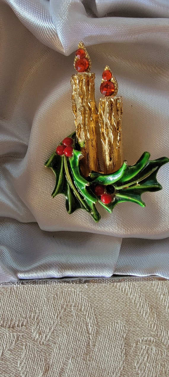 Vintage Art Rhinestone Christmas Candle Green Ena… - image 6