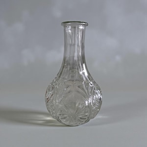 Può includere: Vaso di vetro trasparente con base arrotondata e collo stretto. Il vaso presenta un motivo in rilievo dettagliato di foglie e linee radiali. Il vetro trasparente lascia passare la luce. Il vaso è posto su uno sfondo neutro.