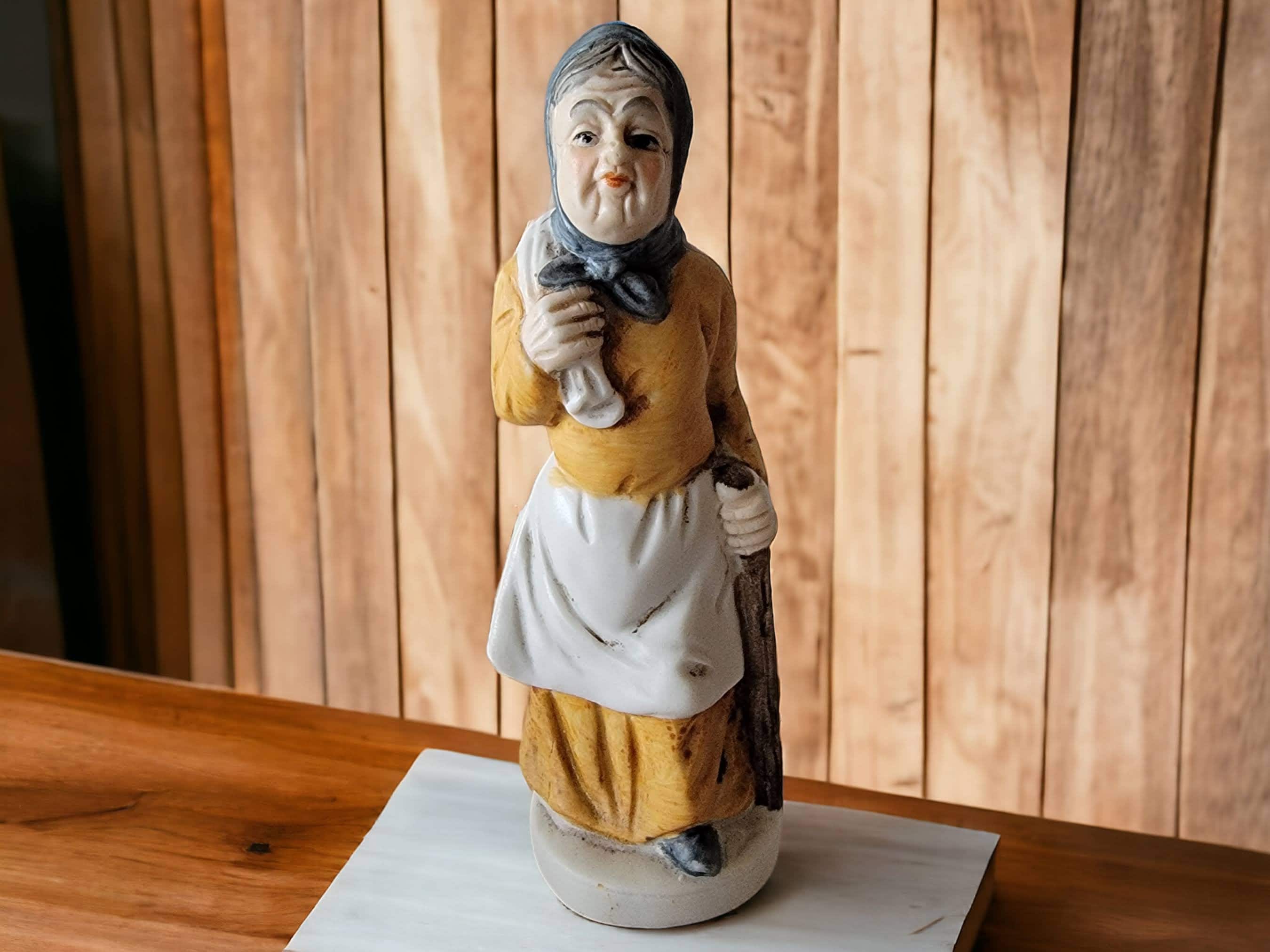 Vintage Porcelain Elderly Woman Figurine Wearing Apron With A