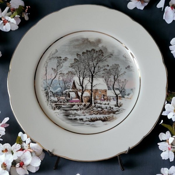 1977 Avon Porcelain Currier and Ives Collector's Plate Cabin in Snow Awarded Exclusively to Avon Representatives Made in Japan