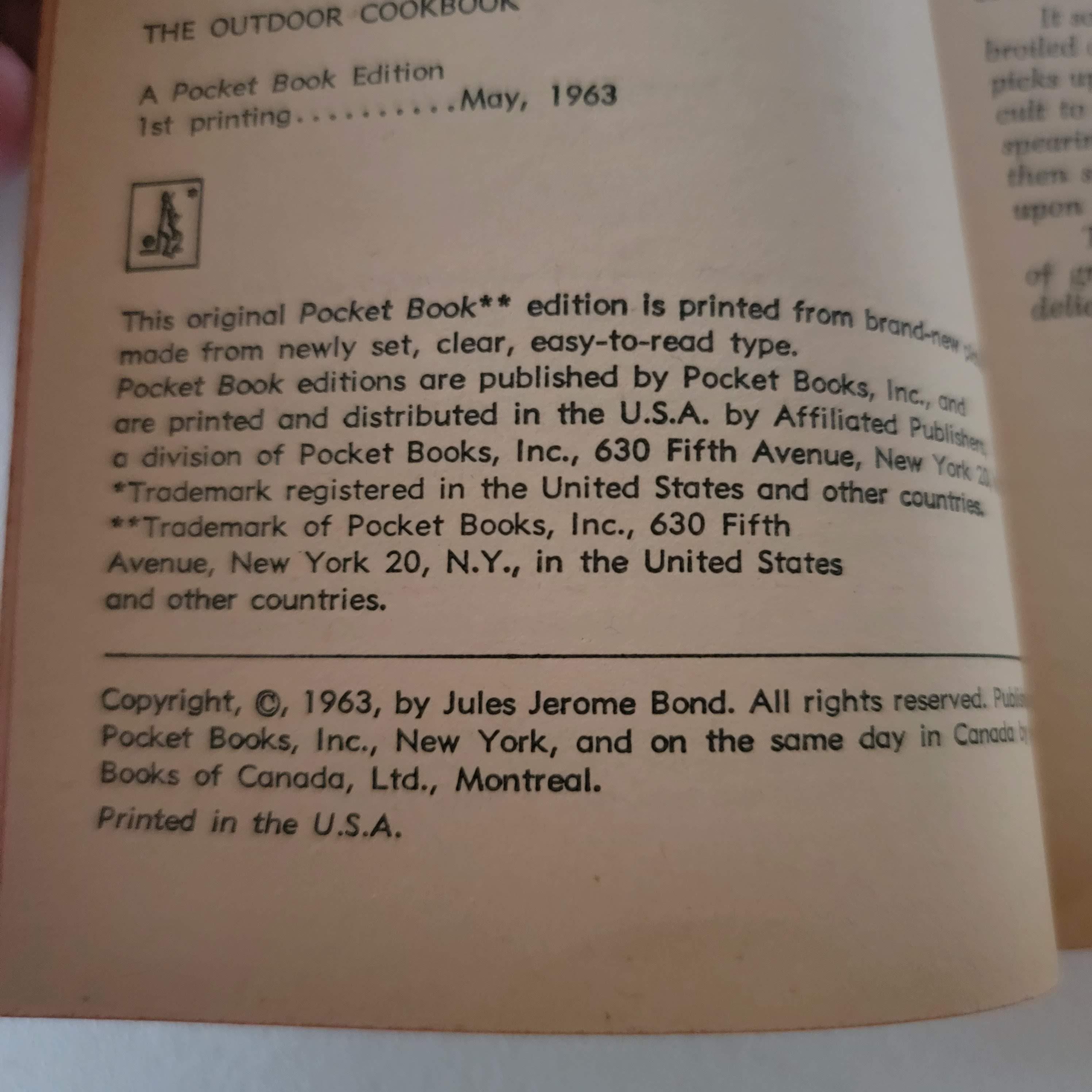 The Outdoor Cookbook by Jules Bond A Pocket Book Edition 1st Printing May 1963 Paperback Vintage Recipe Book Unique 244 Pages