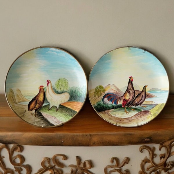 Decorative Plates by Toyo Chicken Rooster Collector Wall Decor Painted Farm House Country Home Decor Vintage Unique 10" Set of Two