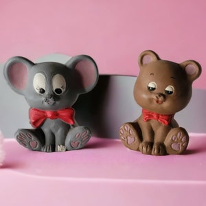 Set of 2 Miniature Ceramic Figurines Mouse Figurine and Bear Figurine Vintage Handmade Ceramic Animals