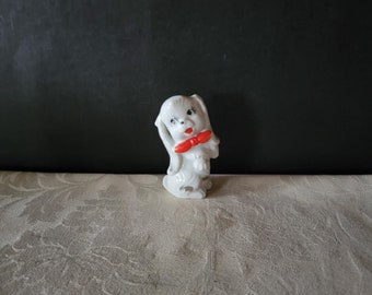 Vintage White Porcelain Small Dog Figurine Wearing Red Bow