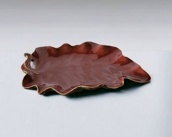 Maroon Leaf Shaped Ceramic Decorative Platter Large 16&quot; Long Unique Tray Vintage Table Decor Not For Food Use Glazed
