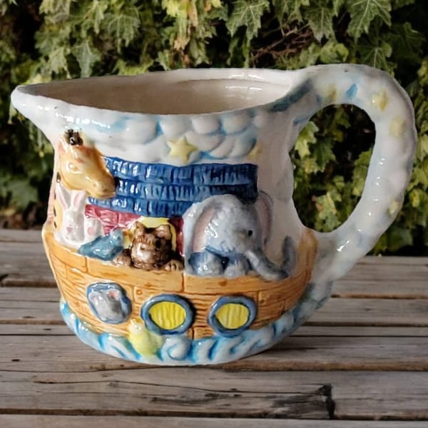 Noah's Ark Creamer Small Pitcher Ceramic Embossed Animals Vintage Hand Painted Unique Cute Kitchen Decor Tableware Collectible