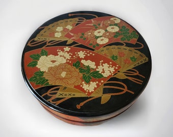 Vintage Round Japanese Bento Lacquerware Style Box Two Tiered Floral and Fan Design Large Plastic Red Interior Unique Collectible 12 3/4" W
