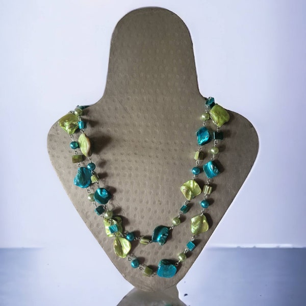 Clasp Less Long Beaded Chain Aqua Blue and Green Necklace Stone Bead Mixed Material Necklace Vintage Fashion Jewelry