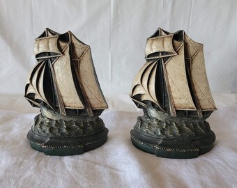 Wood Carved Sailing Ship Bookends Vintage Wooden Boat Bookends Unique Bookends Nautical Bookends Office Decor