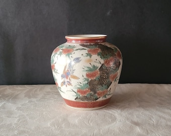 Vintage Toyo Japanese Floral Bird Design Vae Hand Painted Crackle Vase