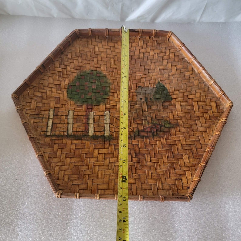 Vintage Chinese Bamboo Wicker Hexagon Tray Painted Apple Tree Farm 