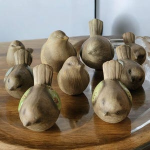 Peut inclure: Une collection de neuf petites figurines d'oiseaux en céramique dans différentes nuances de brun et de vert, avec des détails peints, disposées sur un plateau en bois.