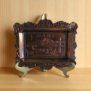 Vintage Copper Metal Ashtray Alaska Souvenir Tray Rectangular W/ Decorative Floral Edge Design Land of the Midnight Sun Japan Mid Century