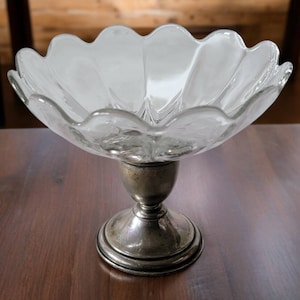 Preisner Sterling Weighted Base and Crystal Compote Bowl Scalloped Clear Glass Bowl on Silver Base Candy Decorative Table Interior Decor