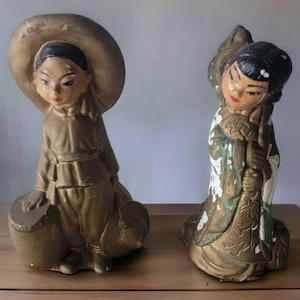 Set of Two Vintage Possibly Antique Chalkware Asian Girl Figurines Tanggu and Luo Unique Oriental Figurine One of a Kind Collectible Figures