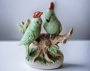 Cockatoos Small Figurine Porcelain Ceramic Green and Red Birds Vintage Collectible 1980's Shelf Decor Interior Decor 4" Tall Made in Taiwan
