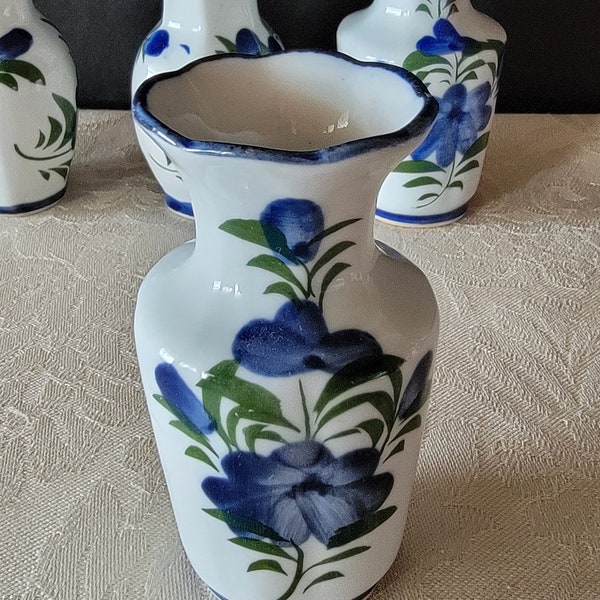 Vintage White and Blue Floral Ceramic 4" Vase Made in Thailand Small Vase