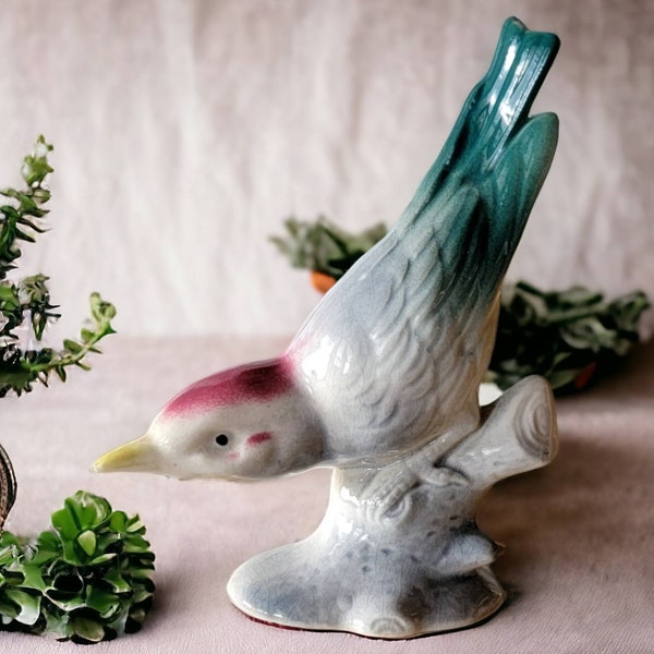 Royal Copley Nuthatch Air Brushed Bird Figurine Sitting on Stump Glazed 1950's Multicolor Collectible Mid Century Vintage Small Statue