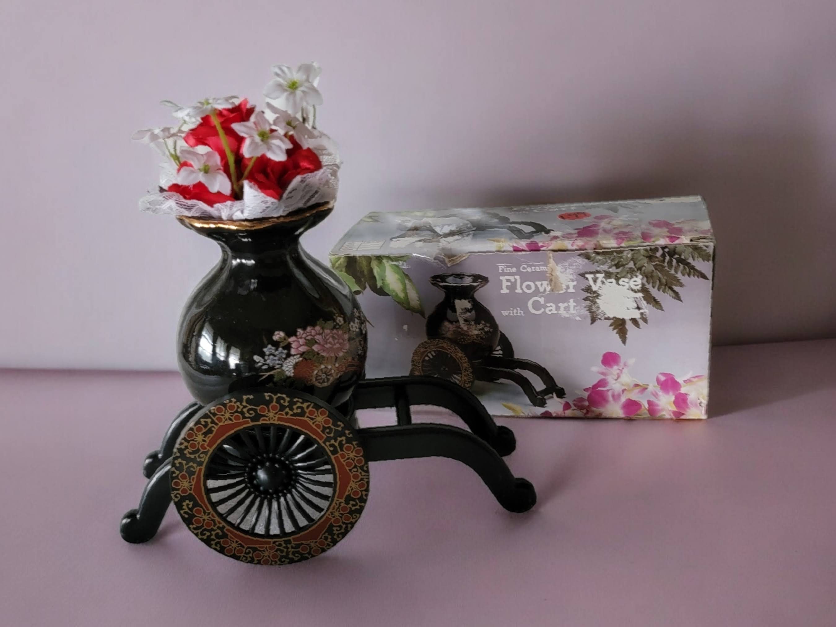 Fine Ceramic Flower Vase With Cart Black and Gold Cart is Plastic