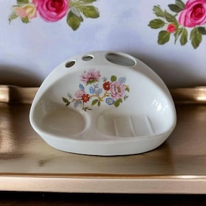 Kombination Seifenschale und Zahnpasta / Zahnbürstenhalter Weiß mit Rosa und Blauem Blumenmuster Keramik Vintage Einzigartige Arbeitsplatte Badezimmer Dekor