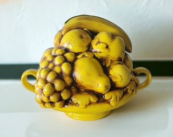 Vintage Decorative Ceramic Fruit Table Centerpiece Bananas Grapes Apples Pears Handles Yellow and Brown Fruit Basket Unique One of a  Kind