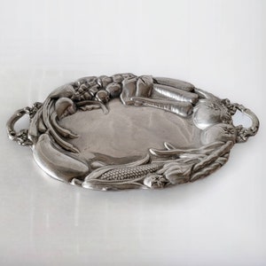 Mexiko Silberlegierung Obst und Gemüse Design Serviertablett Oval mit Griffen Vintage Silber getönte Platte Handgemachte Einzigartige Tischdekoration