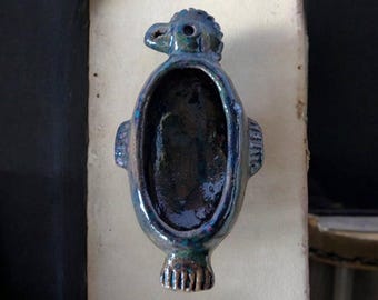 Plato de cerámica con forma de pájaro, pequeño estudio de cerámica, único, marrón con motas verdes y rosas, esmaltado, vintage, coleccionable, decoración de mesa sin firmar