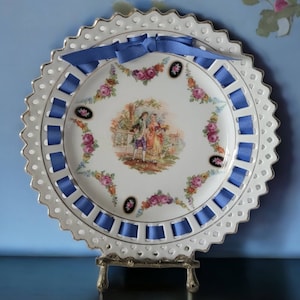 Courting Victorian Porcelain Dish Germany Reticulated Dish With Victorian Couple Weaved With Bright Blue Ribbon 1930&#39;s Decorative Plate
