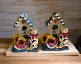 Vintage Bookends Bird House Black and White Cat Resin Watermelon and Sunflowers 1990s Cute Figi Graphics Folk Art Farm House/Country Home