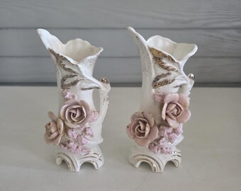US VINTAGE FLOWER VASE 花瓶 ドロドロの釉薬 Pair of Tilso Japan Bud Vases Applied Pink Roses Mid Century