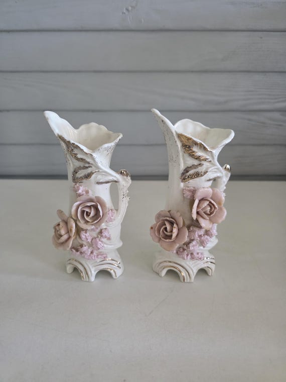 Pair of Tilso Japan Bud Vases Applied Pink Roses Mid Century