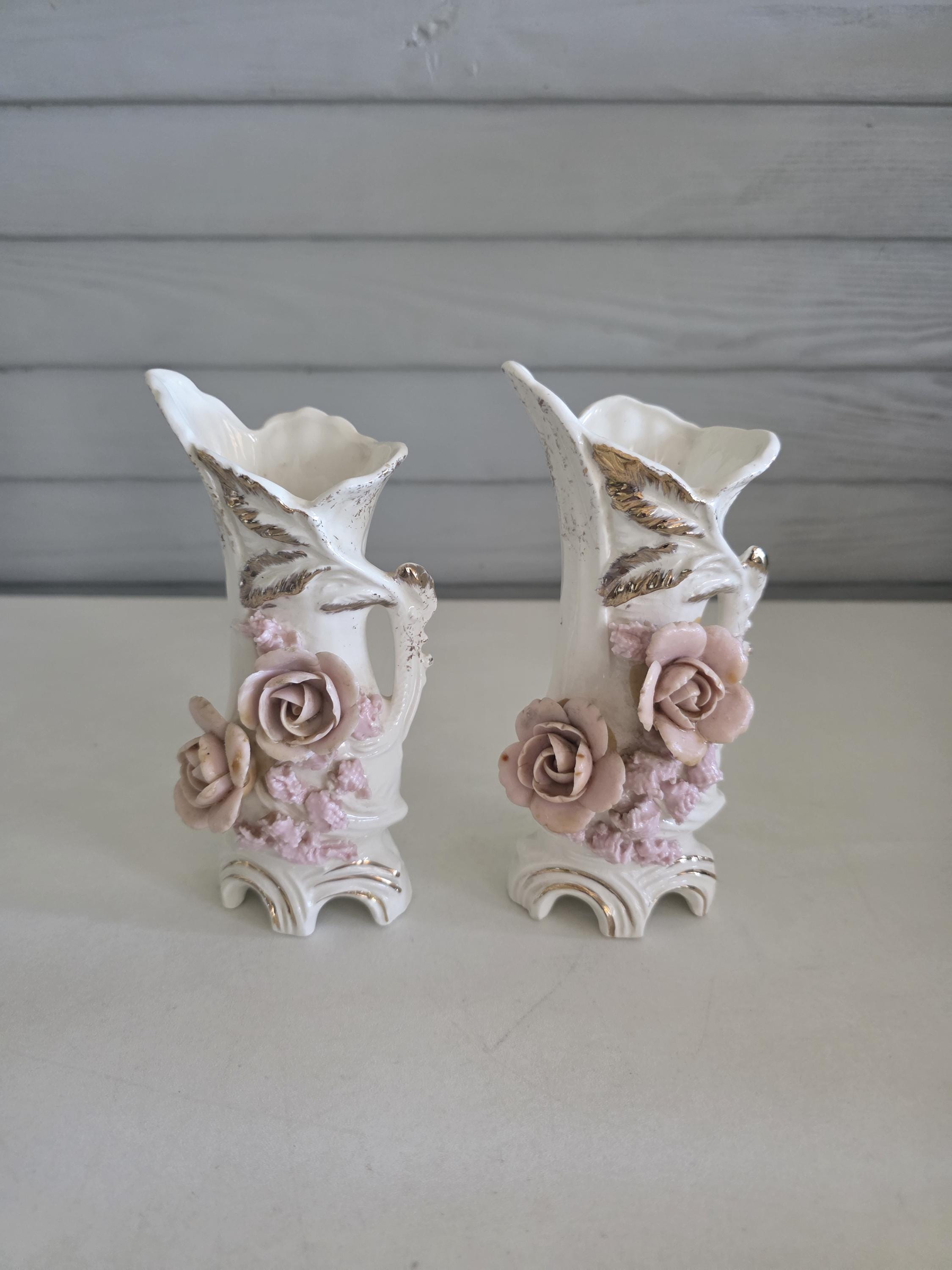 Pair of Tilso Japan Bud Vases Applied Pink Roses Mid Century