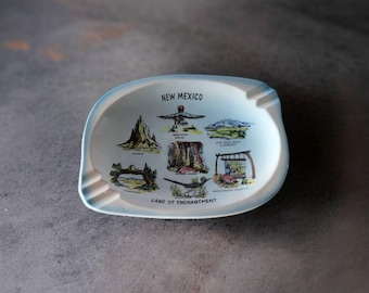 Vintage New Mexico Souvenir Ashtray Ceramic Land of Enchantment Window Rock Shiprock Roadrunner and More Collectible Blue Mid Century