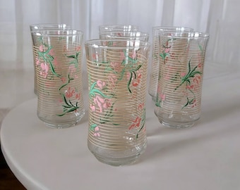 Set of Seven Vintage Clear Glass Tumbler Tan Striped With Pink Flowers Unique Water/Tea/Juice Glasses 12 OZ Collectible Glassware Drinkware