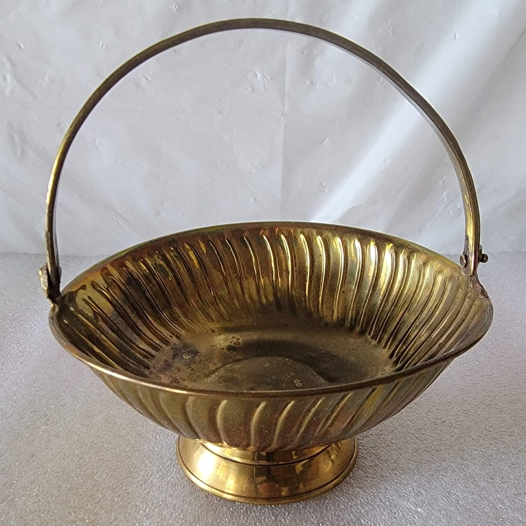 Solid Brass Basket With Folding Handle Pedestal Bowl Vintage Round Dish Trinket Jewelry Holder Swirl Design Collectible Made in India