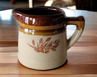 Vintage Wheat Stoneware Creamer Jar/Pitcher/Jug Barley Flowers 1970's Table Decor Brown and Beige Kitchen Decor