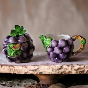 Lefton Grape Cluster Creamer and Sugar Dishes Sugar Bowl With Leaf on Lid Bunches of Purple Grapes Green Leaves 2664 Vintage Table Decor