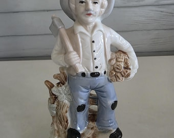 Vintage Porcelain Woodcutter Figurine Old Man Axe & Firewood