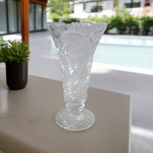 Vintage Lead Crystal Vase Cut Glass Sawtooth Rim Etched Designs Frosted Footed Heavy Cut Unique Flower Vase 7&quot; Tall  Table Interior Decor