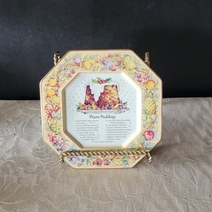 Vintage 1982 Avon Tin Plate Wall Hanging Christmas Recipe Plum Pudding Made in England 7x7 Inches