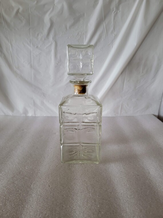 Vintage Square Glass Decanter With Stopper Dimpled Liquor