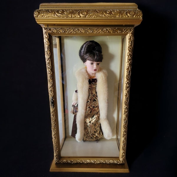 Camellia Garden Collection Porcelain Doll Swarovski in Display Case Brown Hair Gold Dress With Maroon and White Fur Coat Vintage 2000 16"