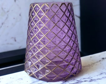 Large Purple and Gold Votive Holder Vase Pressed Glass Diamond Design Gold Lattice Unique Colored Glass Home Decor Table Decor