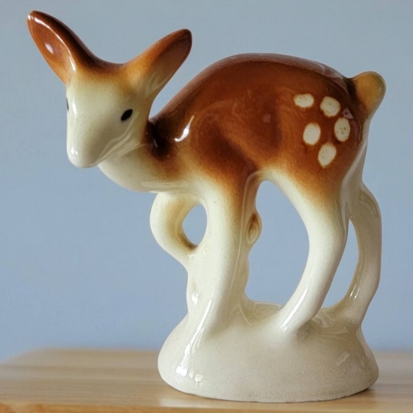 Vintage Ceramic Figurine Fawn Brown White Spots Mid Century Animal Statue Collectible Shelf Decor Hand Painted FLAW CHIP On EAR
