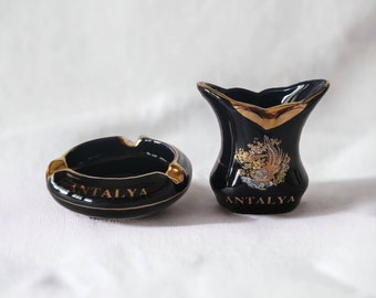 Antalya Turkish Ashtray and Vase Black and Gold Matching Floral Design Ceramic Unique Souvenirs Hand Painted Vintage Collectible Home Decor