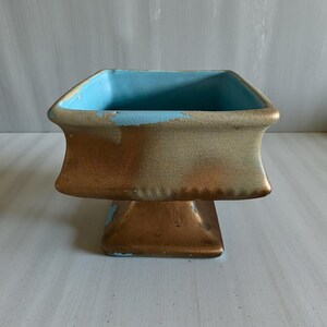 Vintage McCoy Gold & Teal Pedestal Planter-USA 149 Pottery-Square Footed Vase-Distressed Cold Paint-Mid Century Hollywood Regency