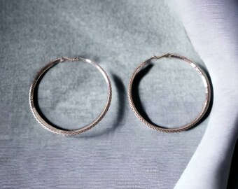 Large Rose Gold Toned Hoop Earrings Round Ribbed Textured 3" Latch Back Hoop Earrings Vintage Costume Jewelry